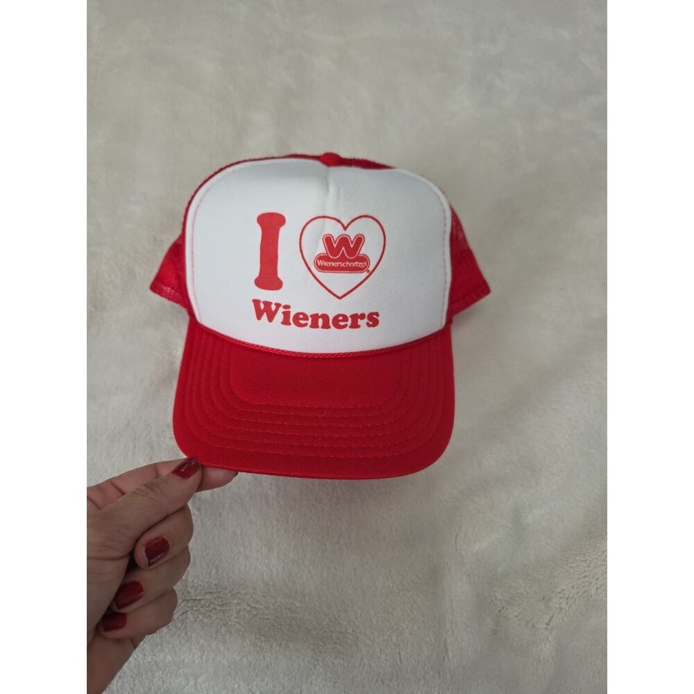 Wienerschnitzel Hat Womens Mens Red Snapback Trucker Hat I Love Wieners Graphic - Picture 3 of 6